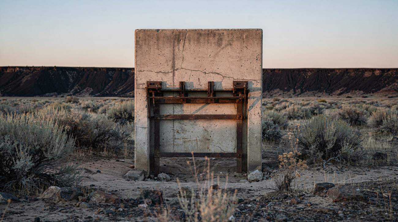 A standing concrete canal headgate alone in sagebrush steppe at first light, no channel dug beyond it.