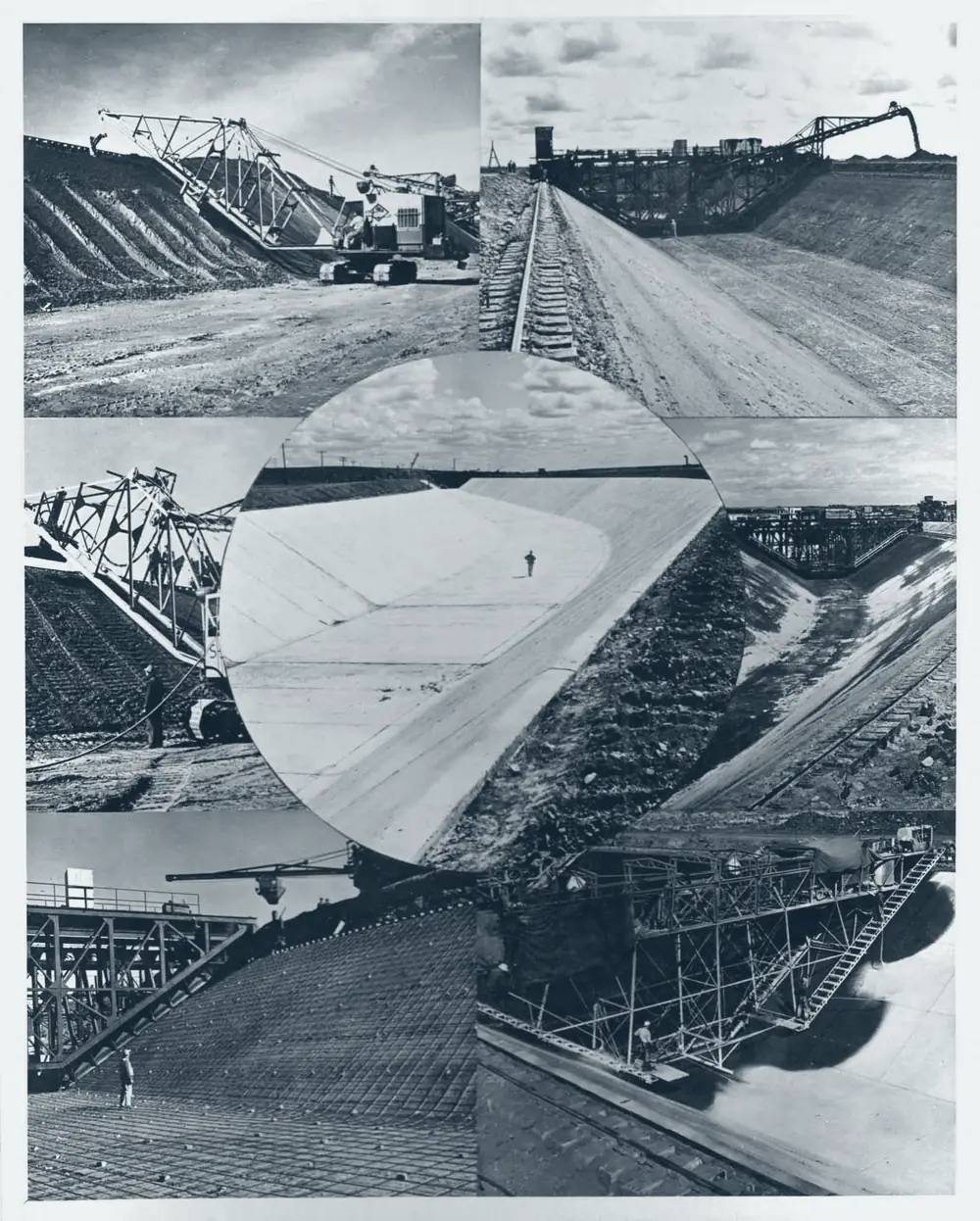 Columbia Basin Project canal construction: draglines cutting the prism, a lined reach running to the horizon, trestles and conveyors working over the grade.