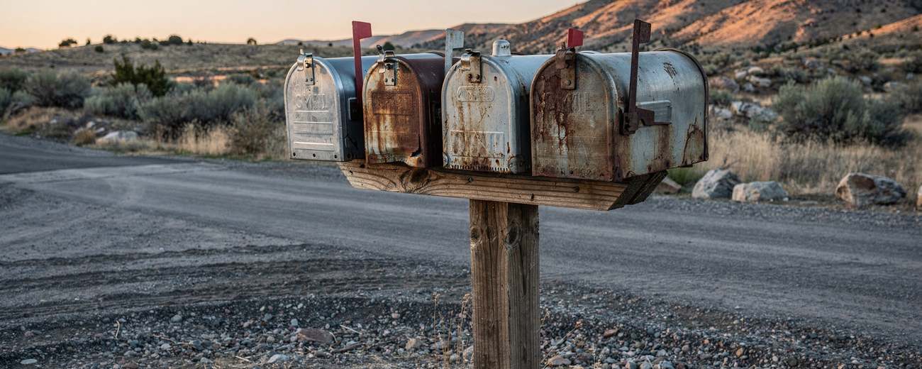 Weathered rural mailboxes on a cedar post at a gravel road junction at first light.