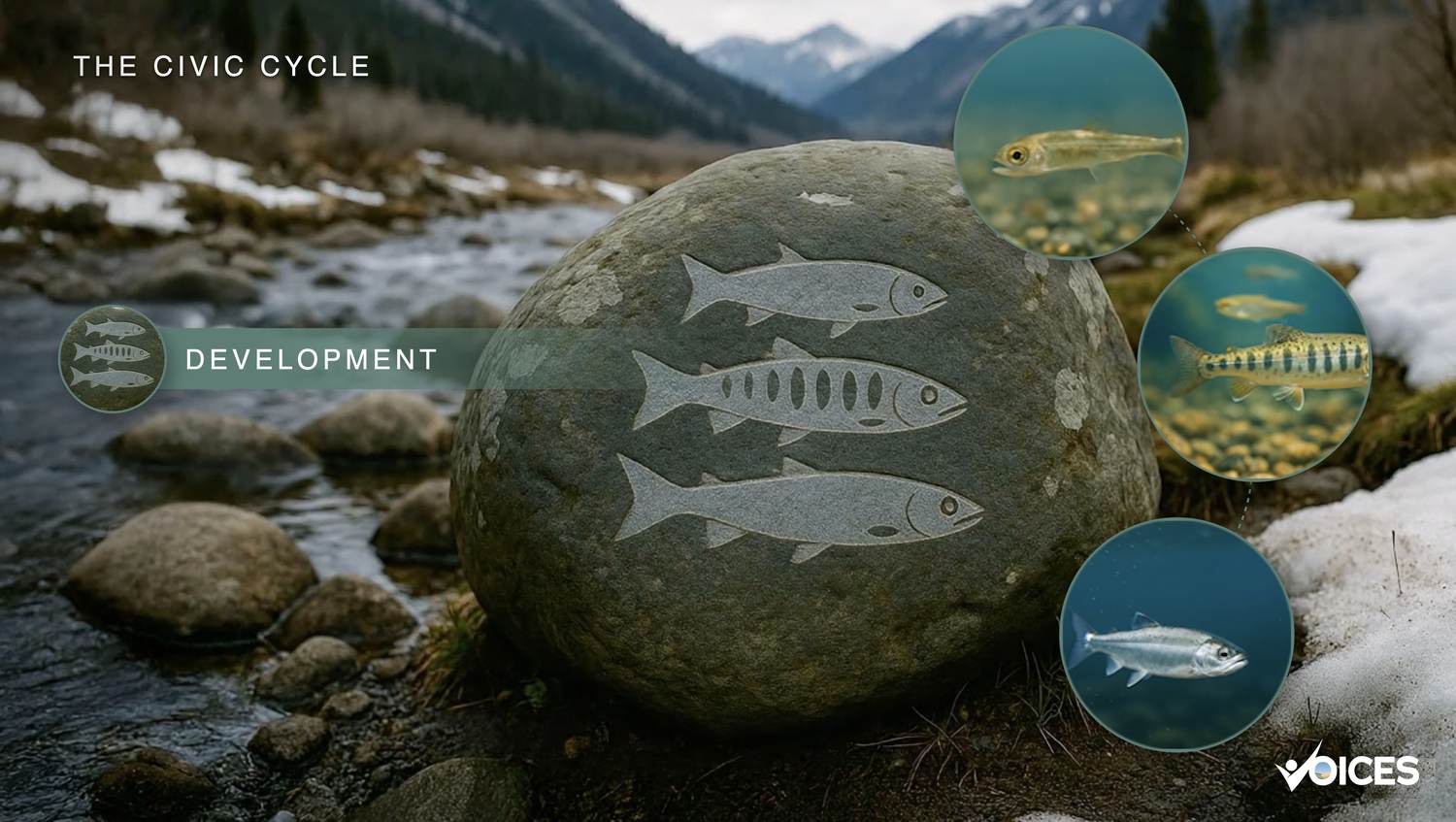 From the Civic Cycle film &mdash; Development: young salmon beside a snowmelt stream, fry to smolt.