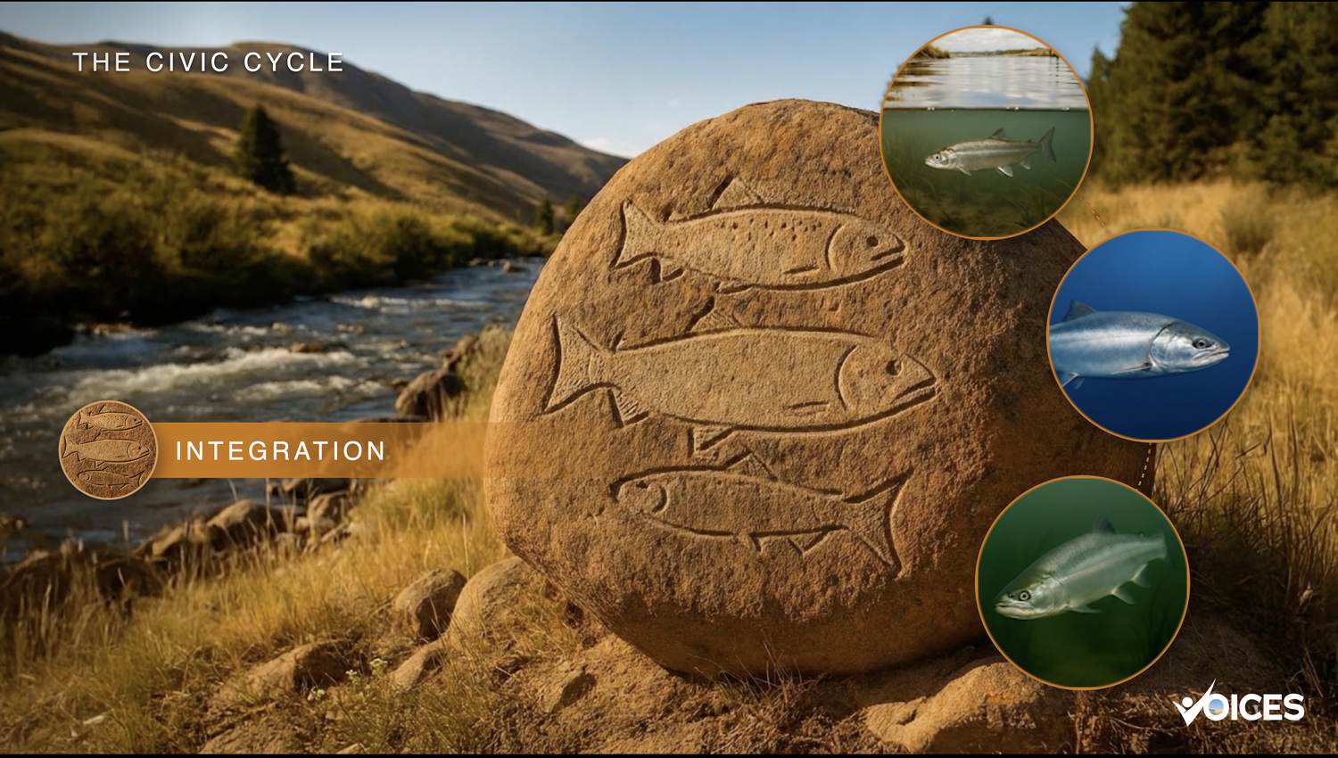 From the Civic Cycle film &mdash; Integration: adult salmon at sea, carved stone beside a summer river.