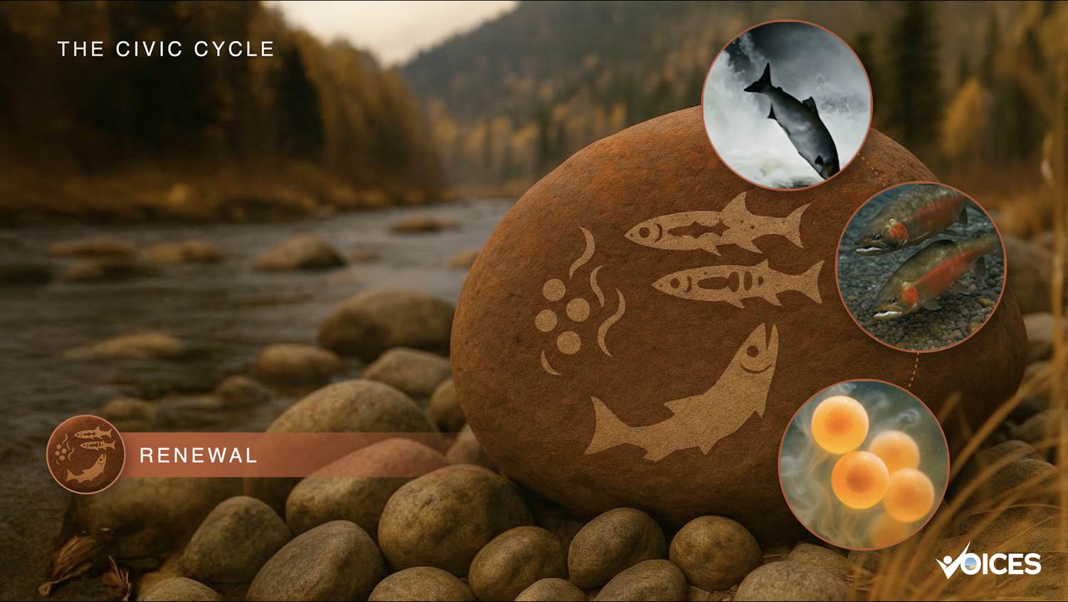 From the Civic Cycle film &mdash; Renewal: spawning salmon returned to the autumn river, eggs laid in the gravel.