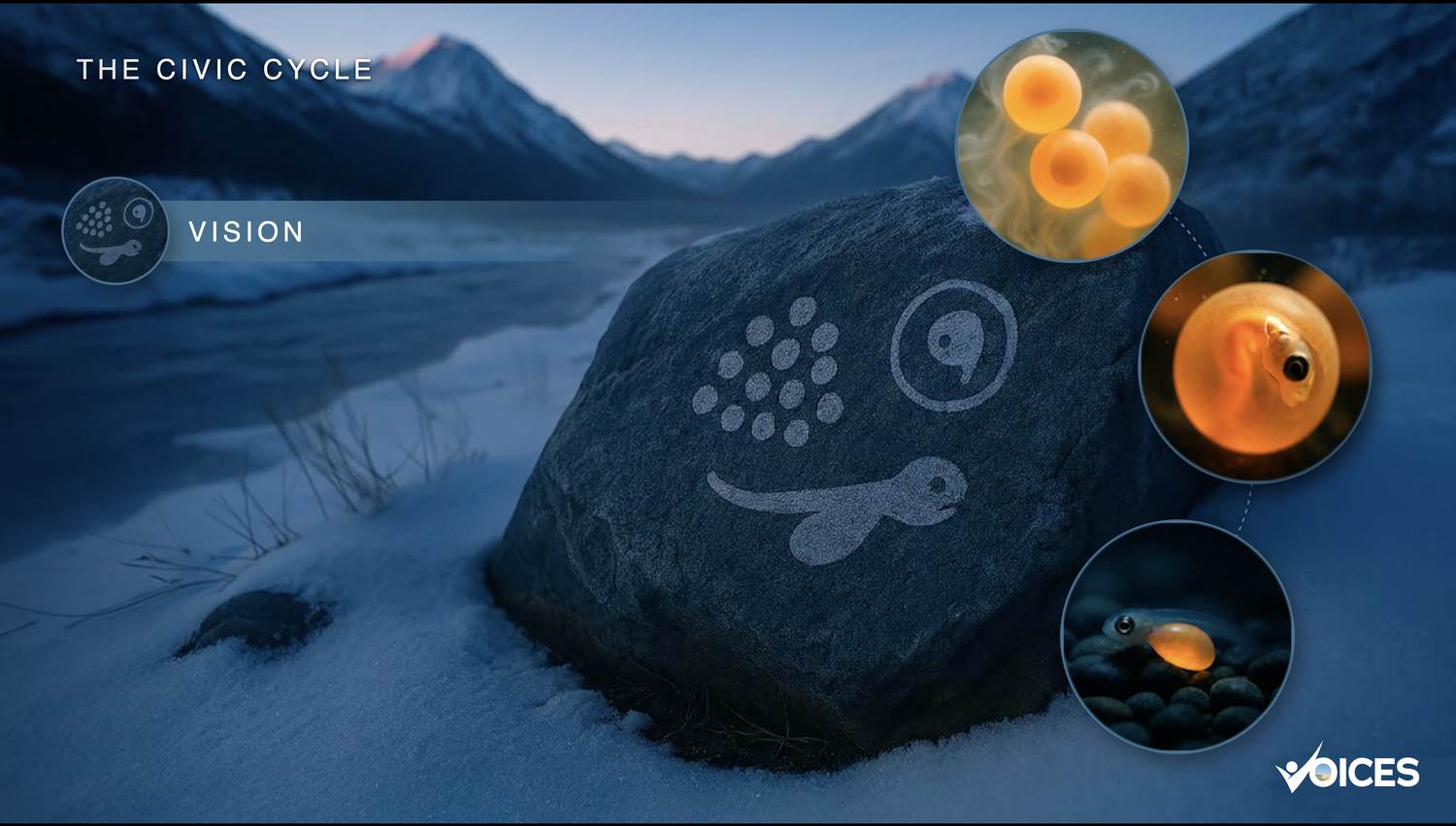 From the Civic Cycle film &mdash; Vision: salmon eggs glowing in winter water below snow-covered peaks at dusk.