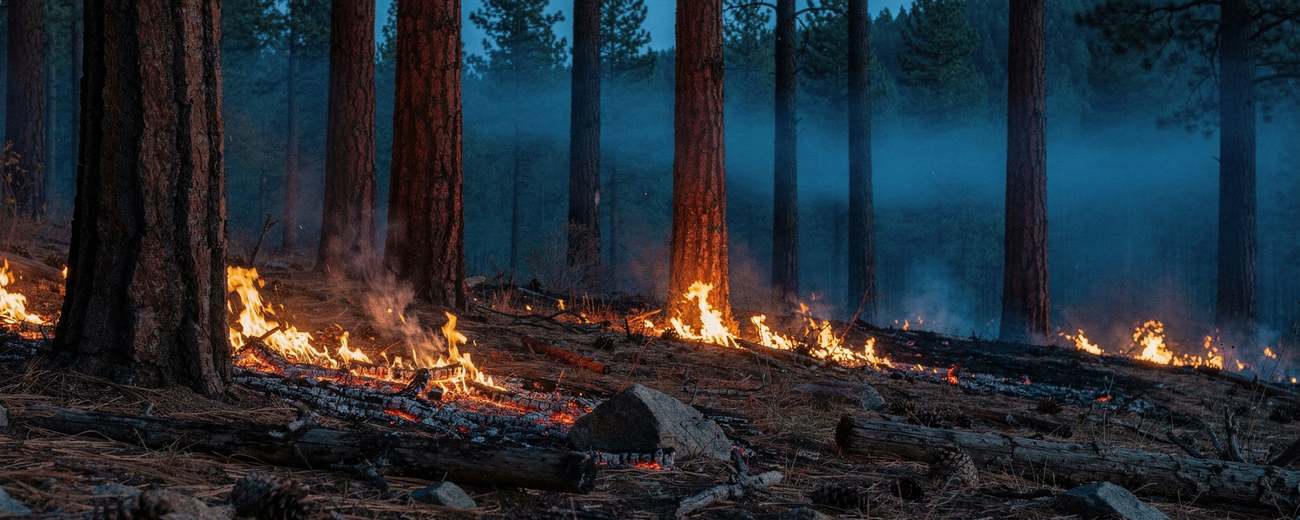 Low prescribed fire creeping through pine understory at blue dusk.