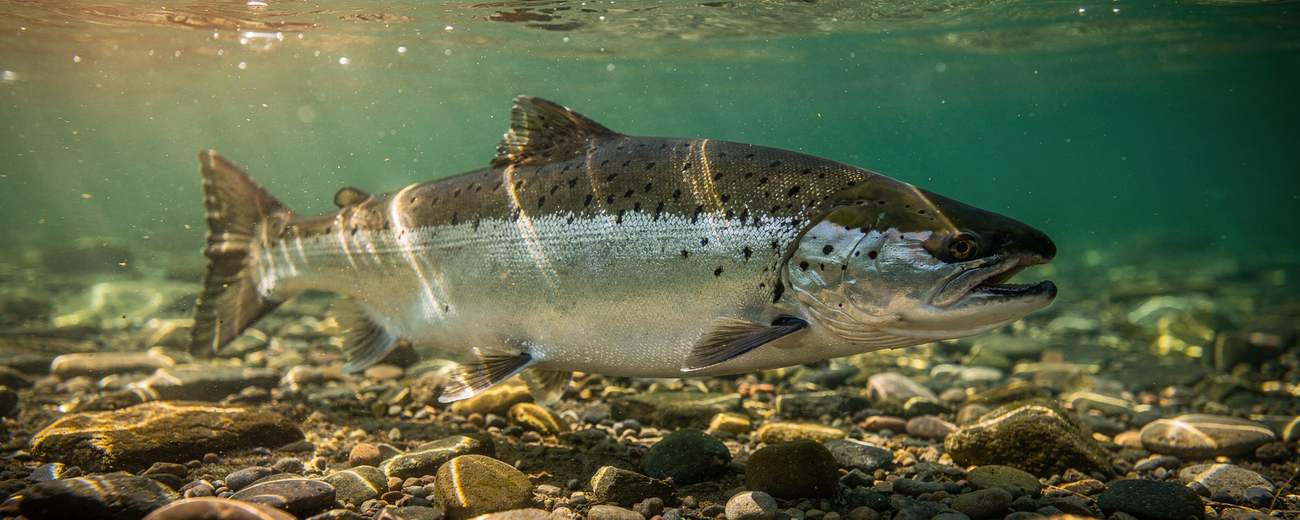 A wild Chinook salmon holding over clean gravel in low last sun.