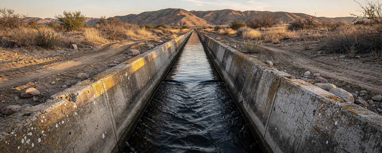 An irrigation canal running full toward dry foothills at last sun.