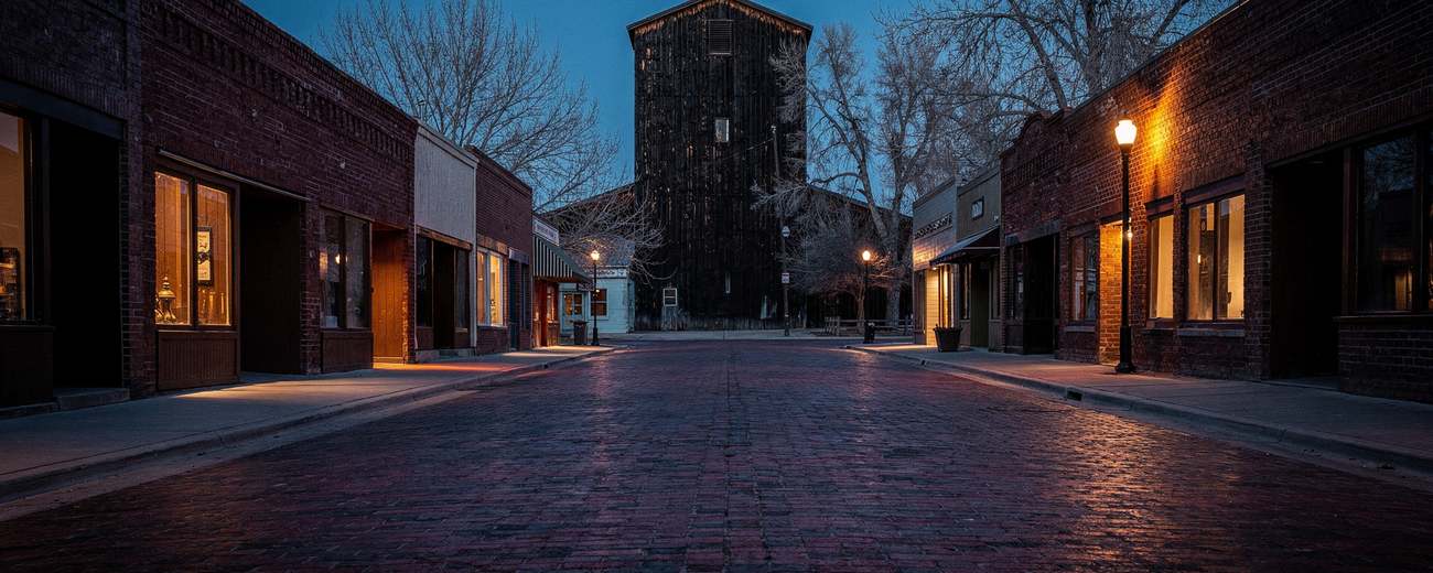 A brick main street at dusk, a grain elevator closing its end.
