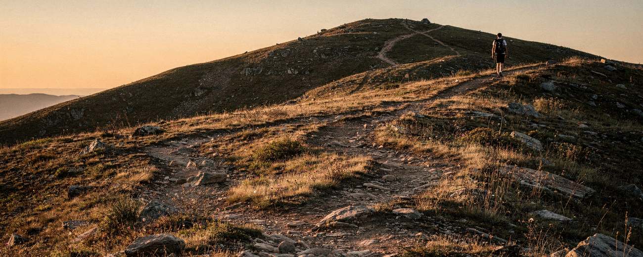 A pack trail climbing an open hillside in last amber sun.