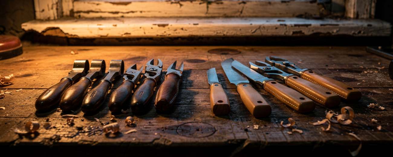 Two generations of hand tools on a workbench at dusk.